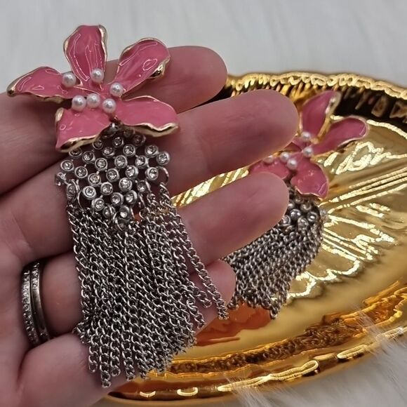 New ZARA Charisma flower chain fringe rhinestone dangle earrings - Picture 10 of 13